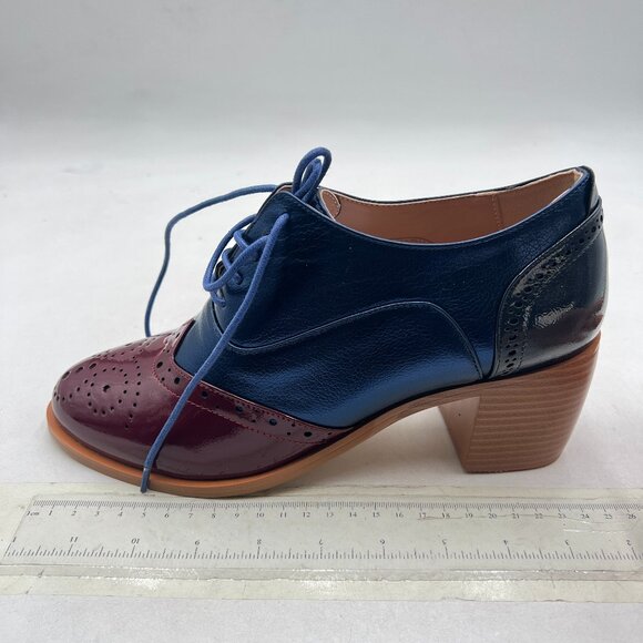 FOWT Blue Brown Perforated Lace-Up Oxfords Almond Toe Mid Chunky Heel Shoes - Picture 2 of 8
